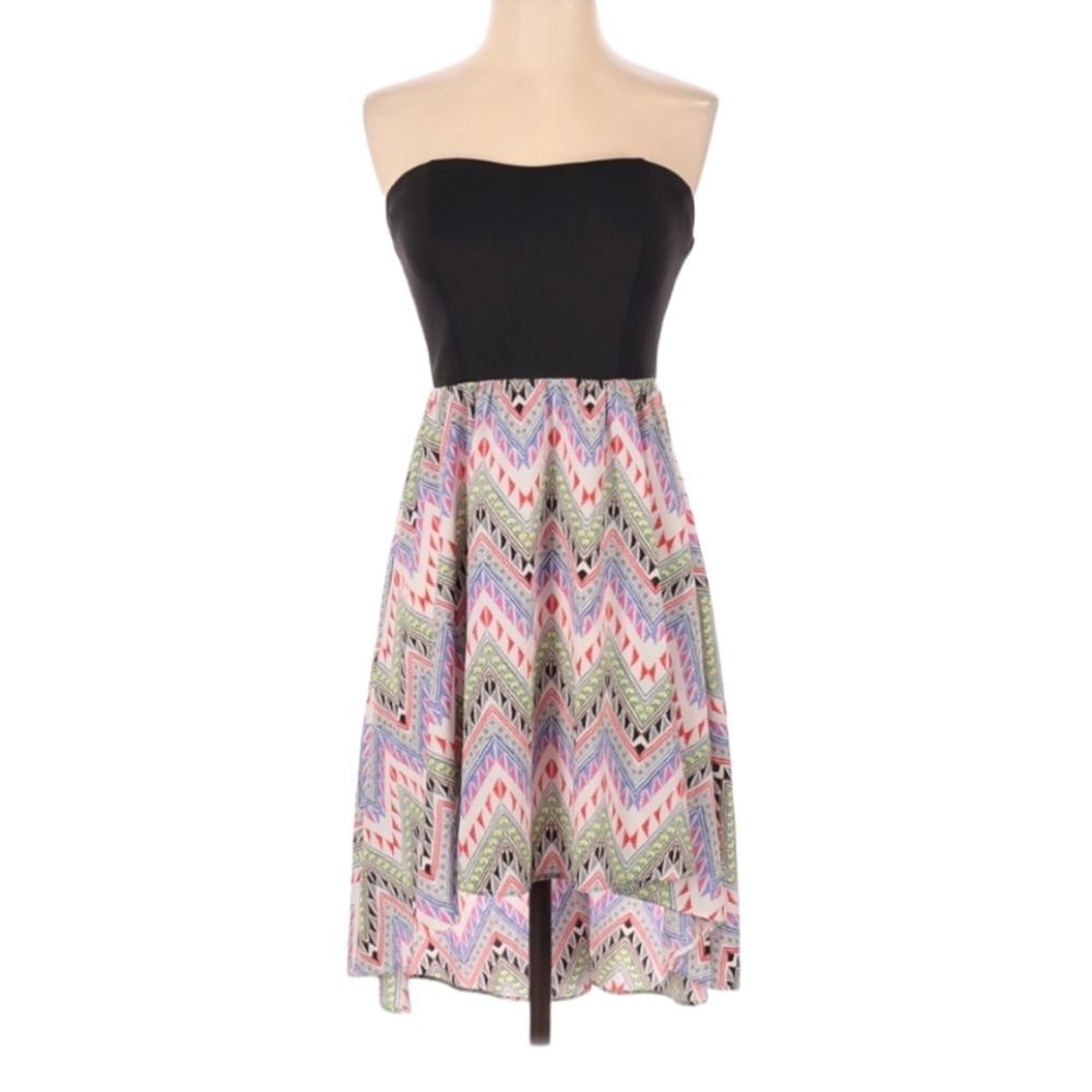 La Scala‎ A-Line Dress Size S Strapless Chevron Herringbone Print Colorful Black
